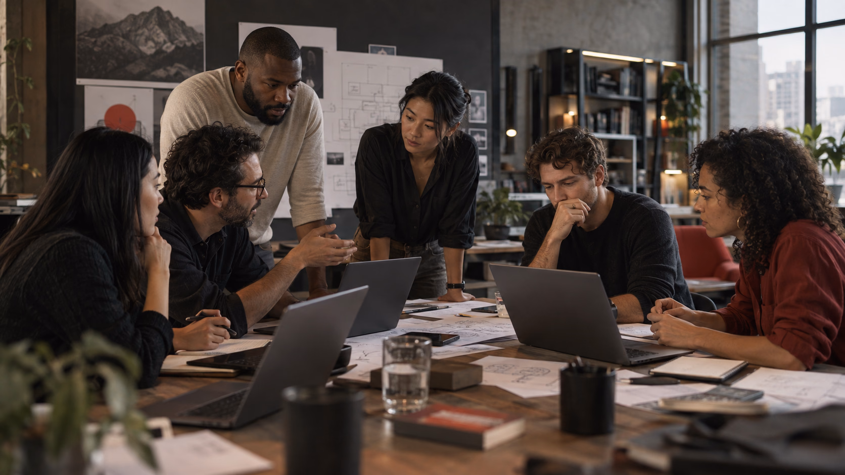 A multidisciplinary software team collaborating around a worktable